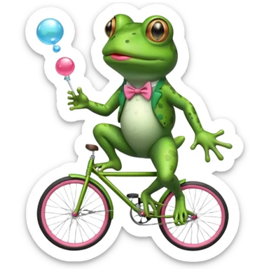 A frog riding a unicycle wearing a monocle blowing a bubble gum bubble sticker