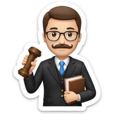 “Create a clean, modern emoji-style illustration of a male lawyer. He is wearing a formal suit jacket. He is holding a judge’s gavel in one hand and has a law book tucked under his arm. He has a mustache and beard!, and he is wearing glasses. sticker