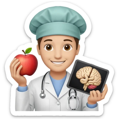 neurosurgeon holding a brain scan, smiling, apple emoji style sticker