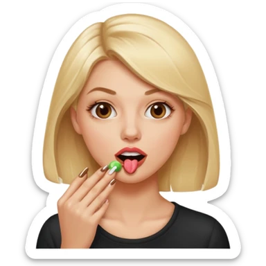 👁️🫦👁️💁🏼‍♀️ aguicheuse. elle se mord le coin de la lèvres. Elle est blonde. Ongles vernis marrons. Elle mâche un chewing-gum  sticker