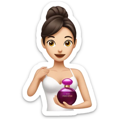 a brunette woman applying perfume sticker