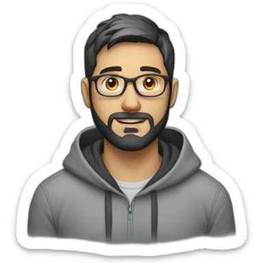 A project manager in a gray hoodie and with a short beard, with gray eyes, with short black hair without a parting, wearing glasses sticker