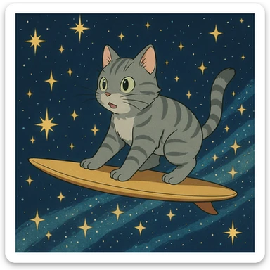 anime style silver cat riding a surfboard among stars sticker