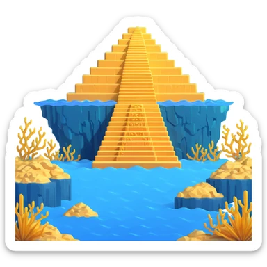 full ancient Anunnaki golden underwater ziggurat, stepped structure, glowing runes, sea plants sticker