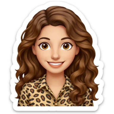 30 yr old italian woman, long brown wavy hair, big brown eyes, huge smile, animal print shirt, no bangs,  sticker