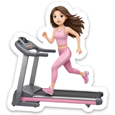 happy long haired brunette girl hazel eyes in light pink walking on treadmill  sticker