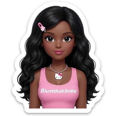 Long giant lashes, my melody hairclip, Doll faced shaped, hello kitty necklace, bimbo, black doll eyes, barbie, dark brown skin with long curls black hair, light pink bimbo sleeveless shirt says "bluntthab1mbo", big breast sticker