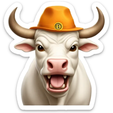 Bull ready to charge wearing bitcoin hat sticker