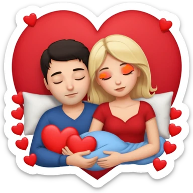 Sleeping couple. two people. man has dark hair. woman is blonde. hearts surrounding them. sticker