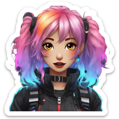 Gorgeous futuristic rainbow-glowing techwear anime style lady with blushing face aesthetic and pretty edgy black red punk messy wild cute hair with collar and harness trending style sticker