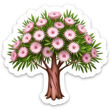 Cinematic Realistic Melaleuca Emoji, Elegant and resilient, with peeling, papery bark and delicate, needle-like leaves. The tree stands tall and graceful, with clusters of white and pink flowers dotting the branches. Soft glowing outline, capturing the essence of natural elegance and resilience in a beautiful melaleuca tree! sticker