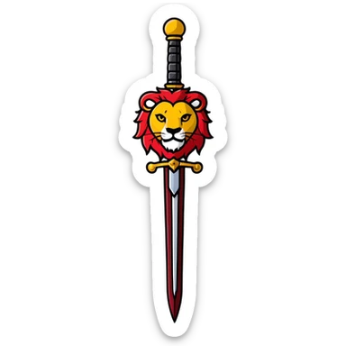 gold colored long sword with deep red handle and a gold lion on the end of the handle sticker