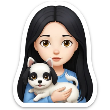 A girl with long black hair holding a little white dog sticker