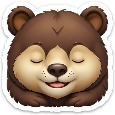 Meme-Worthy Cute Sleeping Bear Portrait Emoji, Head resting peacefully with a contented smile, showcasing a massive, robust build and a luxuriously soft dark brown fur, eyes shut in a serene, restful nap, Simplified yet hilariously adorable features, highly detailed, glowing with a soft, drowsy light, high shine, relaxed and utterly lovable, stylized with an air of playful laziness, bright and heartwarming, soft glowing outline, capturing the essence of a comically sleepy bear, so meme-worthy it feels like it could instantly become the next viral sensation of adorable slumber! sticker
