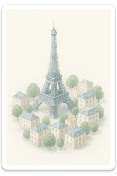 Isometric illustration of Paris, featuring the photorealistic Eiffel Tower surrounded by small Parisian buildings and trees, highly detailed in semi-realistic style sticker