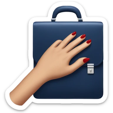 female hand with red manicure holding a dark blue business briefcase sticker