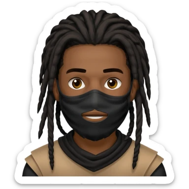 African American man with shoulder length black dreadlocks with black beard wearing a covid mask covering face sticker