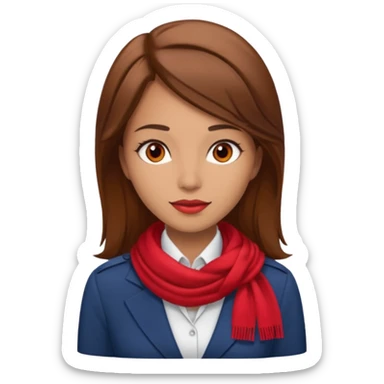 Female flight attendant, with red scarf, white shirt, brown hair, brown eyes, iOS emoji-type face sticker