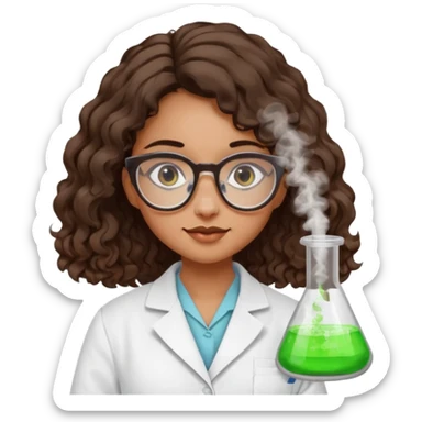 bratz doll with long loose curly dark brown hair, that reaches her lower back glasses that are round cat eye vibes, in a lab coat mixing beakers that glow shes a 4th grade girl sticker
