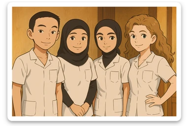 Group of four nursing students in white medical tunics with short sleeves, V-neck collars, and left chest pockets, in a warm indoor environment. No stethoscopes or undershirts. Friendly expressions and different postures, Ghibli style. sticker