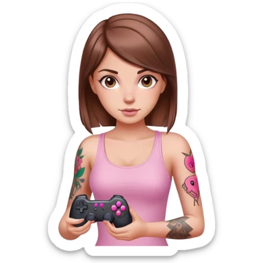 White girl with arm tattoo and brown hair holding a pink game controller sticker