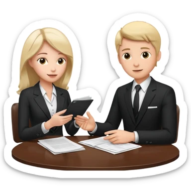 man in formal suit talking to woman in formal suit, they sit, papers in hands on the table sticker