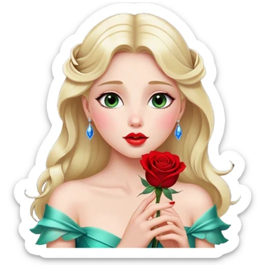 Cinematic Elegant Aurora Portrait Emoji, Delicately holding a single red rose, gazing with soft wonder, lips gently parted as if about to sing, the picture of grace and elegance, glowing with royal charm! sticker