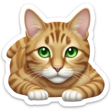 A big tabby cat with green eyes is laying flat on his stomach  sticker