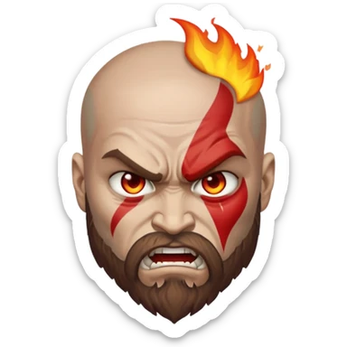 A custom emoji design of "Kratos" from "God of War", "Rage mode with fire eyes", "Apple Emoji Style", isolated on white background, clean lines, high quality sticker style, vector graphics, minimalistic sticker