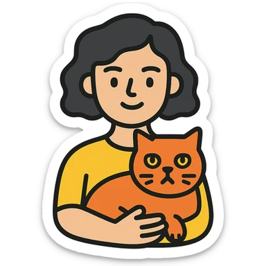 wavy black haired girl with a short haitcut holding a british cat sticker