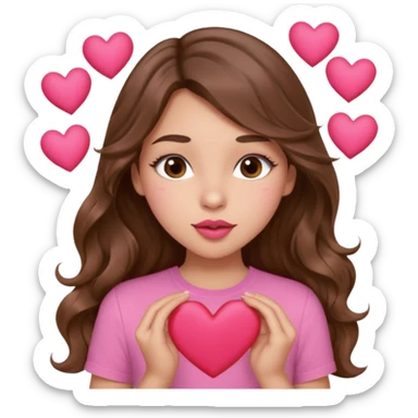 girl with long wavy brown hair, brown eyes, light to medium complexion, in a pink shirt, pink lips, long lashes, puckering up for a kiss, many  hearts in hand sticker