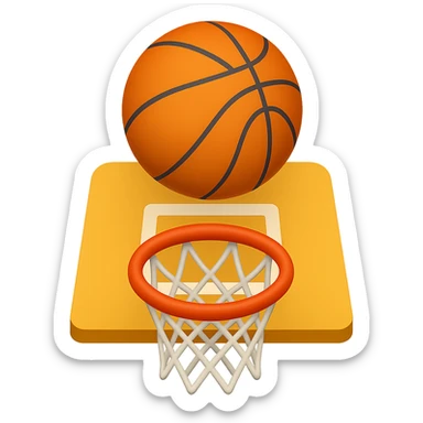 Change the perspective to be from the top of the key, with the basketball about a foot off the rim, in the style of apple emojis, keep the background transparent. sticker