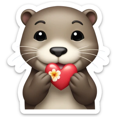A happy and cute otter face with a Hawaiian flower tucked behind its ear, holding a heart. sticker