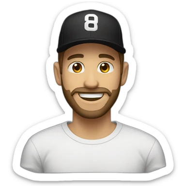 white skin man with medium beard smiling and wearing black snapback hat sticker