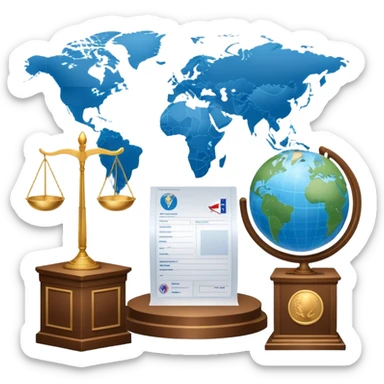 An icon featuring a podium with a speaker, a ballot box with a voting slip, and a globe, symbolizing political science. The design includes scales of justice and a world map in the background, representing governance and global politics. Transparent background highlights political analysis. sticker