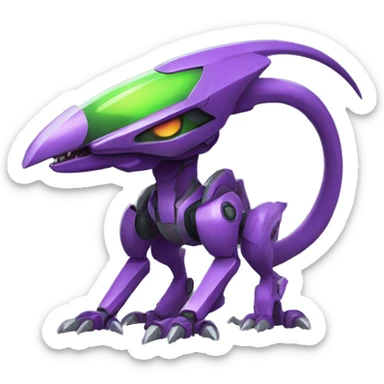 a purple-green Genesect-Raptor-Fakémon—hybrid with a futuristic visor-helmet full body sticker