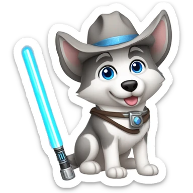 Gray Siberian Husky with blue eyes Jedi holding lightsaber cowboy hat  sticker