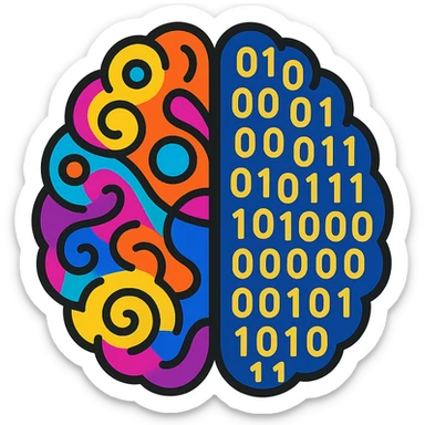 split brain, left side with abstract art, right side with binary code sticker