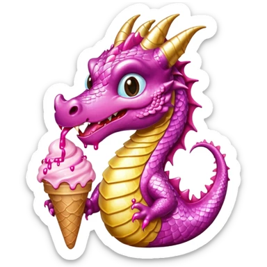 A shiny, glittery dragon in pink tones eats vanilla and chocolate ice cream sticker