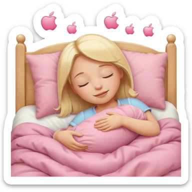 a girl with blonde hair, eyes closed, peacefully sleeping in a baby pink bed, simple and expressive, minimal details, apple emoji style sticker