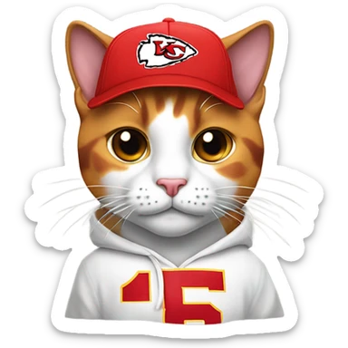 Calico cat wearing KC chiefs hoodie and chiefs ball cap sticker