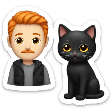 a white guy with orange hair and mustache holding a black haired cat sticker
