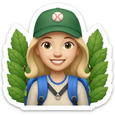 A 3D cartoon woman with a backpack smiling outdoors, surrounded by greenery, Memoji-style realism. sticker