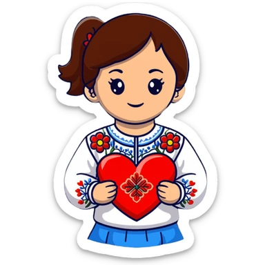 A beautiful young girl with brown hair in a Ukrainian embroidered shirt is holding a large embroidered heart sticker