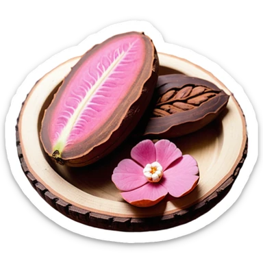 Una miniatura fotorrealista de un trozo de manteca de cacao pura y una pequeña rosa seca sobre una superficie de madera rústica y cálida. La luz debe resaltar la textura de la manteca. Colores: tonos tierra, marrón, terracota y rosa suave. Estilo: plano y orgánico sticker