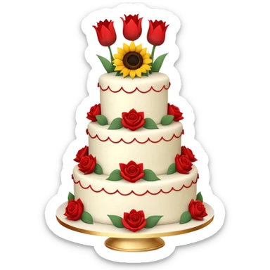A large three teir cake with first mayer decorated with roses, second with Sunflowers and third with Tulips and Happy Birthday Dear written on top. sticker