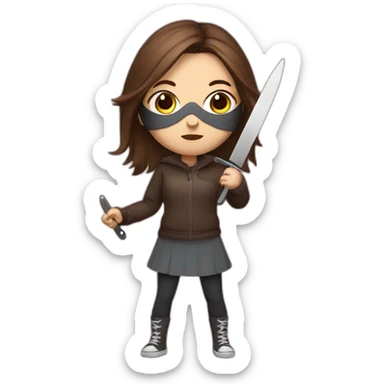 Girl with brown hair with knife with mask sticker