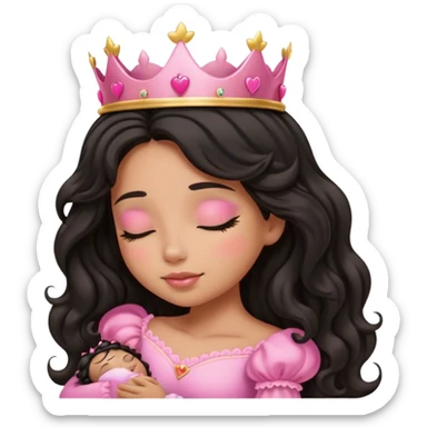 Very tanned princess, with long black wavy hair and a crown, a pink princess Outfit. In love with hearts. With Closed Eyes. Sleeping. sticker
