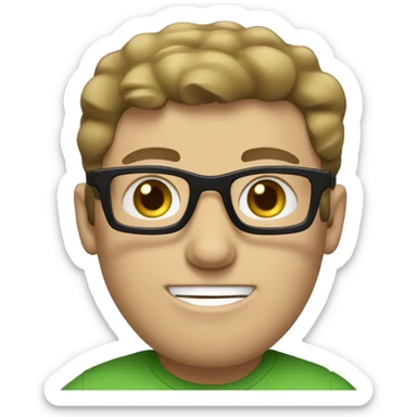 white guy with dark blond hair brad pit style square glasses blue eyes in laptop wearing green t-shirt sticker