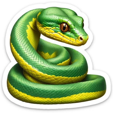 cinematic-green tree python-realistic-full-body-coiled-emoji,-thick-scaled-body-looped-tightly,-intricate-brown-and-gold-patterned-scales-reflecting-light,-head-tilted-dramatically,-slitted-eyes-staring-calmly,-simplified-yet-realistic-focused-feature sticker